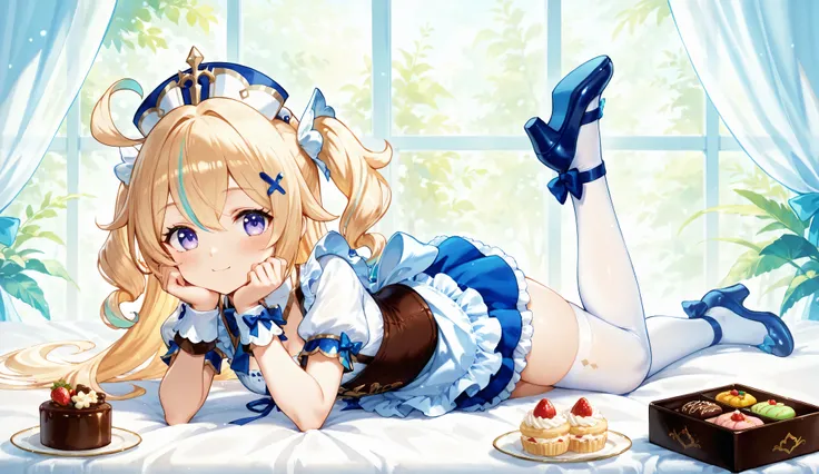 A vibrant, high-resolution anime-style illustration of a fantasy bento box scene featuring a Genshin-style anime girl as a "bento fairy." The girl has long, flowing golden blonde hair with soft curls, decorated with a blue ribbon and elegant accessories. S...