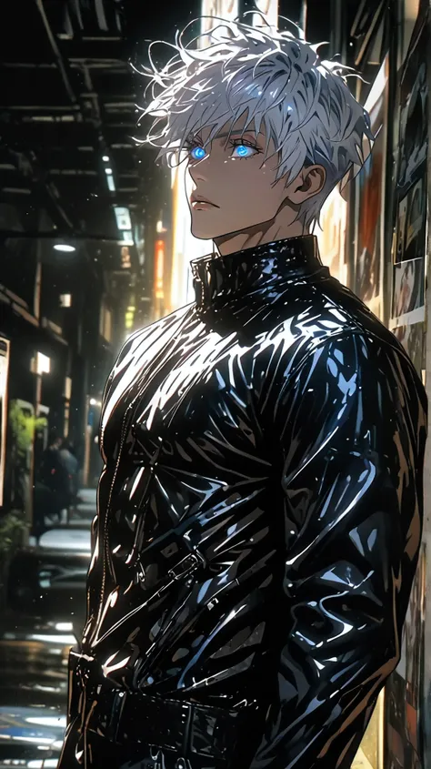 1 Man, solo, Blue-white hair , fluorescent sapphire-colored eyes. Muscular 20-year-old male. Nosso Senhor, Extremely glorious, surrealismo, Alto detalhe, movie lighting, brilhar, luz brilhante, raios de Deus, Ray tracing , reflexo de luz, misturando, flo...