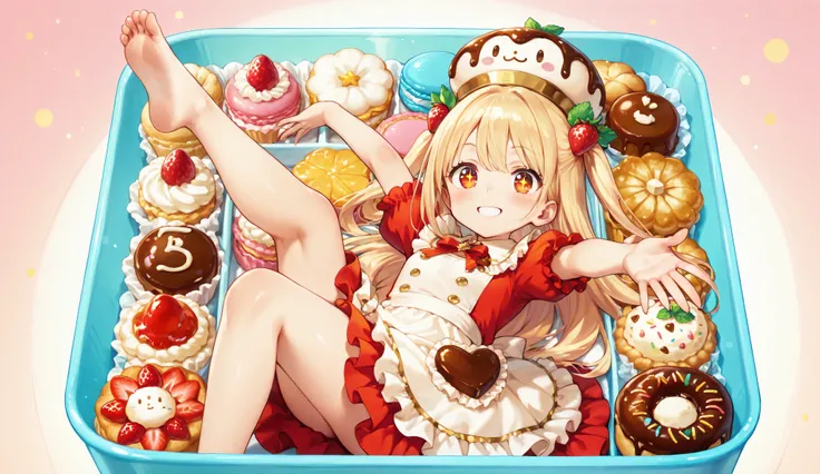 A vibrant, high-resolution anime-style illustration of a fantasy bento box featuring a cheerful anime girl styled as a dessert-themed "bento spirit." She has long flowing honey-blonde hair tied with candy-shaped ribbons, large sparkling amber eyes, and a p...