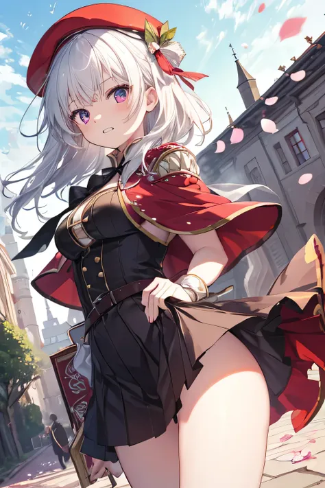 Serious girl, white hair, (showing teeth), castle background, castle background(mansion), complete anatomy, Graphic Effects, height 159 cm ( 5 feet 3 inches ), red beret, strong breeze , sakura petals and leaves, , Masterpiece, the best quality