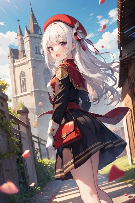 Serious girl, white hair, (showing teeth), castle background, castle background(mansion), complete anatomy, Graphic Effects, height 159 cm ( 5 feet 3 inches ), red beret, strong breeze , sakura petals and leaves, , Masterpiece, the best quality