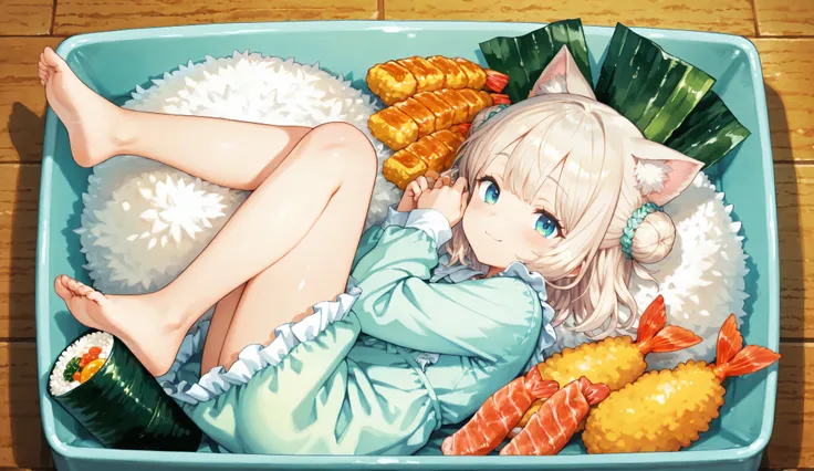 A highly detailed, high-resolution anime-style illustration of a fantasy bento box featuring a cute anime catgirl lying peacefully inside. The girl has long, silky platinum blonde hair styled in twin side buns with soft curls, and large, expressive blue ey...