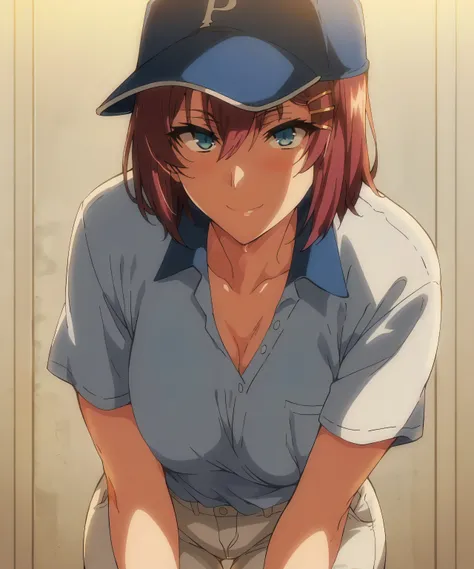 Safety_Pos, SCORE_9, Akane Nanao  (Can Akane be dyed), reddish brown hair, short hair, hair between the eyes,  yellow hair clip , blue eyes, (big ), thighs, Wide Hips, baseball cap, blue shirt, Short Sleeves, white pants, staring at the viewer, Smile, half...