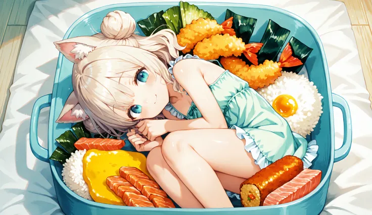 A highly detailed, high-resolution anime-style illustration of a fantasy bento box featuring a cute anime catgirl lying peacefully inside. The girl has long, silky platinum blonde hair styled in twin side buns with soft curls, and large, expressive blue ey...