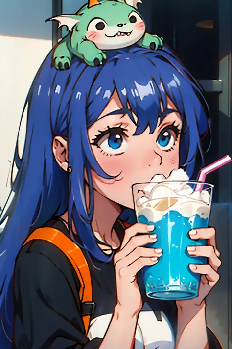 Girl with a cute monster coming out of the top of her head while she drinks a slushy