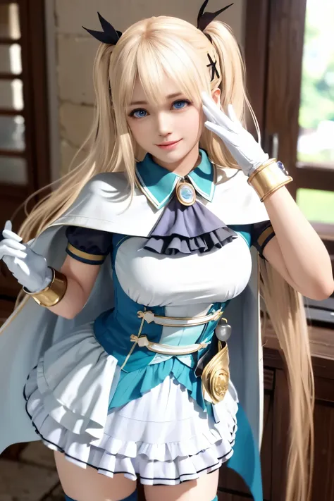 Marie Rose, dark blue eyes, blonde hair, long hair, twin tails, shy, smile, big breast, brooch, white cape, aqua dress, underbust, short sleeves, white gloves, white skirt, frilled skirt, white thighhighs
