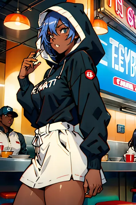 Detroit chan, Detroit themed anime girl in a coney island restaurant, Detroit hood fashion, smoking a blunt, dark skin, detailed, perfect anatomy, sassy, hood, cute and funny