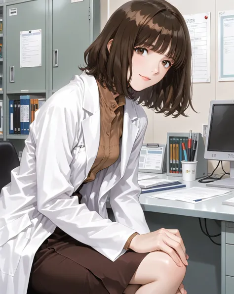 women in their 30s、small breasts、short wavy dark brown hair、cowboy shot、office,lab coat, brown blouse 、dark brown flared skirt、placing hand on knee