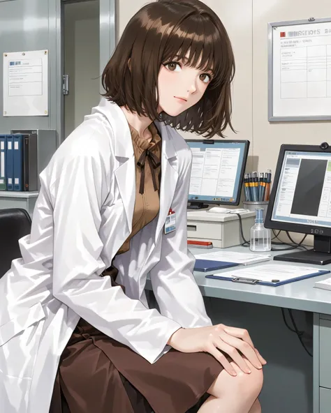 women in their 30s、small breasts、short wavy dark brown hair、cowboy shot、office,lab coat, brown tunic blouse 、dark brown flared skirt、placing hand on knee