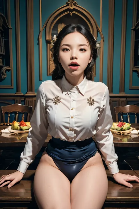 (masterpiece, highest quality), 1 girl, beautiful face, beautiful body, wearing a Black gymnastics bloomers, High leg、white blouse, cowboy shot、Are sitting on the chair、full body portrait、alone, complex details, enlarged textures, complex details, fine...