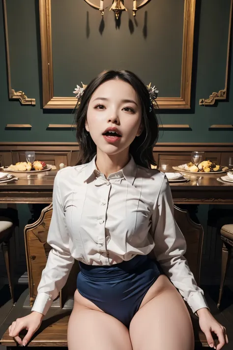(masterpiece, highest quality), 1 girl, beautiful face, beautiful body, wearing a Black gymnastics bloomers, High leg、white blouse, cowboy shot、Are sitting on the chair、full body portrait、alone, complex details, enlarged textures, complex details, fine...