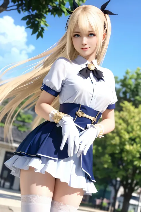 Marie Rose, dark blue eyes, blonde hair, long hair, hair down, straight hair, shy, smile, brooch, aqua dress, underbust, short sleeves, white gloves, white skirt, frilled skirt, white thighhighs, 