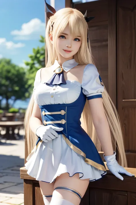 Marie Rose, dark blue eyes, blonde hair, long hair, hair down, straight hair, shy, smile, brooch, aqua dress, underbust, short sleeves, white gloves, white skirt, frilled skirt, white thighhighs, 