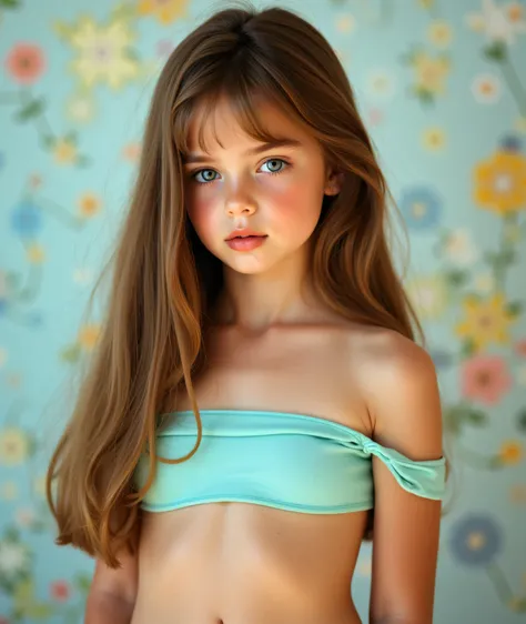 Ultra-realistic photography, highly detailed photo, Intricate details, French beautiful age girl,  complex skin details , gorgeous straight long light brown hair, beautiful blue eyes, pout, shoulder less aqua top, small breasts, artistic background, Pastel...