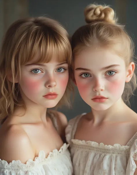 Realistic 4k photo of two beautiful ten-year-old girls , Realistic skin details, light blue eyes, rosy cheeks, pout, they are European. girl with bangs and light brown hair and GIRL with short blond hair, packed in a bun, high resolution, off-the-shoulder ...