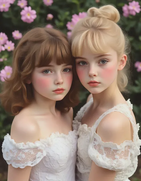Realistic 4k photo of two beautiful girls , Realistic skin details, light blue eyes, rosy cheeks, pout, they are European. girl with bangs and light brown hair and GIRL with short blond hair, packed in a bun, high resolution, off-the-shoulder mini lace dr...