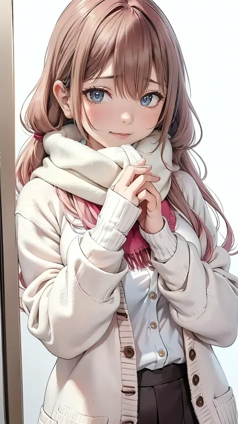 1 Beautiful girl、Eye Expressions 、 skin texture、 White Background 、(blouse、 Bordeaux cardigan 、 Wool Scarf ) 、Cover your mouth with a white fluffy glove、 Shining Reflection、Pink bronze hair 、 Long Hair、Warm Light、high resolution