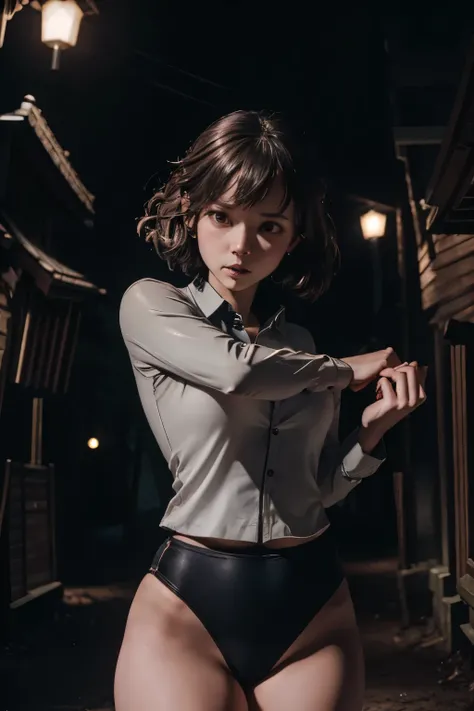 masterpiece, Highest quality, masterpiece, (One girl), (letter), Evil Witch, Dark Energy, Empty, Hollow Eyes, (an extremely evil), black magic, Dark Forest, Negative Energy, hell, Empty, performer, Brown Hair,Wearing a black gymnastics bloomers,high leg,se...