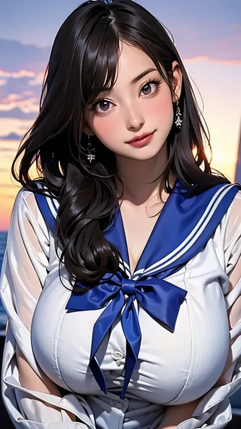 (( Beautiful Face:1.4)), (Purelos Face_v1: 1.0), 1 girl、(See-through:1.2),White Seraphim,Sailor Suit, white theme,School Uniform, Sailor Suit, looking at viewer, Madness, long disheveled hair, beautiful attention to detail,Hair shines,elevation,blue sailo...