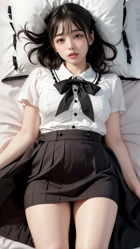 masterpiece, Best Quality, Illustration, Super Detailed, Fine Details, high resolution, 8k,Wallpaper, Perfect Dynamic Composition,(detailed high quality, eyes:1.3), lying on a bed, short hair, (Wave Hair:1.2), high school classroom、High School Girl Uniform...