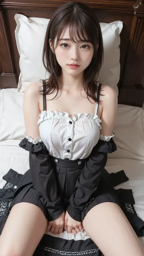 masterpiece, Best Quality, Illustration, Super Detailed, Fine Details, high resolution, 8k,Wallpaper, Perfect Dynamic Composition,(detailed high quality, eyes:1.3), lying on a bed, short hair, (Wave Hair:1.2), high school classroom、High School Girl Uniform...