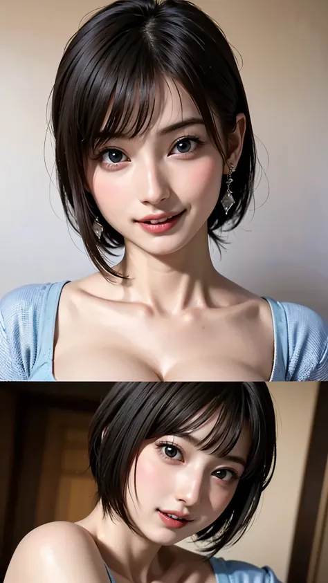 (( Beautiful Face:1.4)), (Purelos Face_v1: 1.0), 1 girl、light brown short hair、bright blue eyes like intense crystals、Small Earrings、Look closely at the camera、beautiful teeth、beautiful teeth alignment,((Natural huge breasts:1.4))