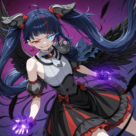 1 girl, Kresky Dark , general,  
Broken Hair Ornament , earrings on one side,
brooch, Grey Dress, puff sleeve, Single Wings, bare shoulder, spike,  torn cloak,
black fingerless gloves,
Black Skirt, red ribbon, black thighs, absolute region with to,  
Flat ...