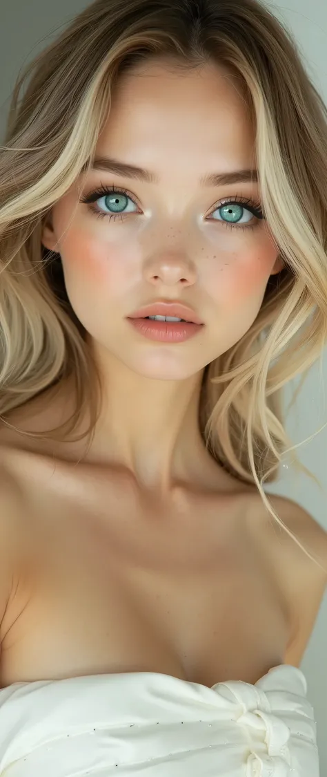 1woman, innocent looks, perfect facial features, golden ratio, fair skin, long hairs, two toned hairs, turquoise color eyes, visible eyelashes, silver eyeshadows, indigo lips, matte lips, natural blush, wearing an ivory strapless tube dress, sexy pose,