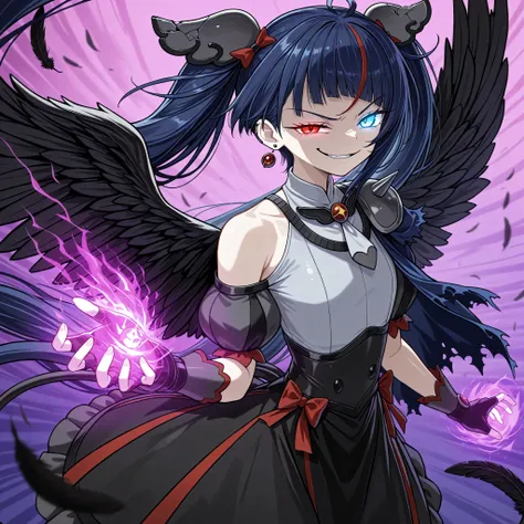 1 girl, Kresky Dark , general,  
Broken Hair Ornament , earrings on one side,
brooch, Grey Dress, puff sleeve, Single Wings, bare shoulder, spike,  torn cloak,
black fingerless gloves,
Black Skirt, red ribbon, black thighs, absolute region with to,  
Flat ...
