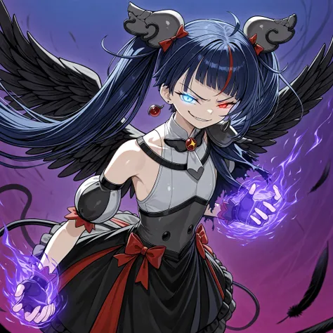 1 girl, Kresky Dark , general,  
Broken Hair Ornament , earrings on one side,
brooch, Grey Dress, puff sleeve, Single Wings, bare shoulder, spike,  torn cloak,
black fingerless gloves,
Black Skirt, red ribbon, black thighs, absolute region with to,  
Flat ...