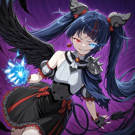 1 girl, Kresky Dark , general,  
Broken Hair Ornament , earrings on one side,
brooch, Grey Dress, puff sleeve, Single Wings, bare shoulder, spike,  torn cloak,
black fingerless gloves,
Black Skirt, red ribbon, black thighs, absolute region with to,  
Flat ...