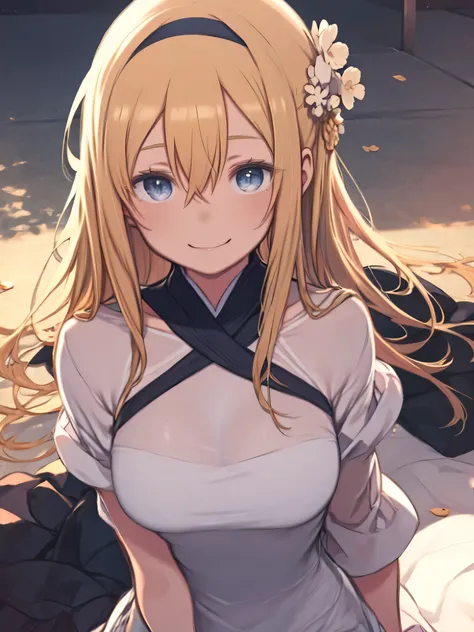 one woman、hair band、The blond haired、hair between eyes、long hair、blue eyes、big 、Dress、Smiling、upper body、