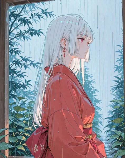 a girl with long white hair wearing a red kimono in the rain, 4k fullhd, best resolution, beauty girl