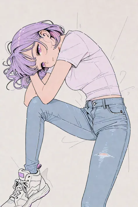 Girl from above perspective wearing a short tight shirt and jeans and white sneakers 4k fullHD, best resolution, beauty gir