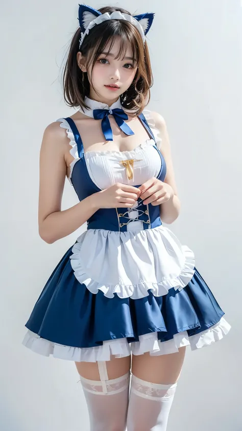  Photo of a woman in an attractive pose adorn the cover of a specialty magazine ,  wear an exquisitely designed costume : gold line accented、cobalt blue and white two-tone dirndl, Layered、cobalt blue multi-layer tiered apron with frills. cobalt blue sleeve...
