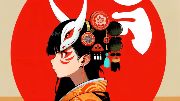 鬼NFT, 1girl, solo, dark haired, jewelry, earring, mask, red ruby eyes, Japanese clothes, letterbox,high detail kimono, profile, fox mask on head, tan chocolate fish print, weapons, Horn, Tassel, hair ornament 8k