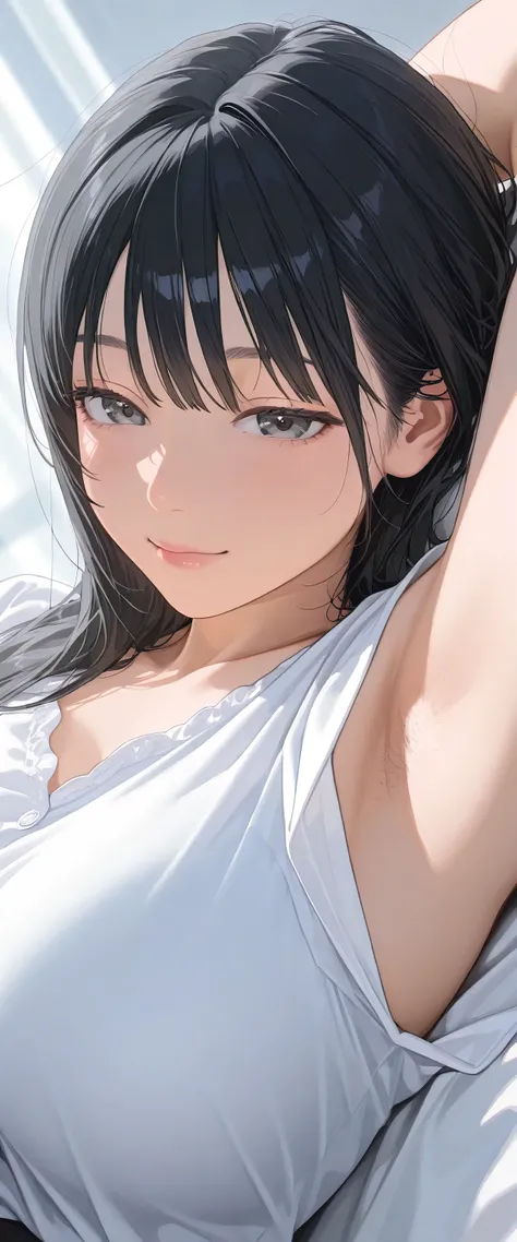 armstb,armpit stubble,Young man with long black hair, wearing a short sleeve blouse,Reclining, cold light, relaxed expression, realistic skin, subtle focus on the armpit, soft texture on the skin, seen from above, close side angle, intimate frame , faded ...