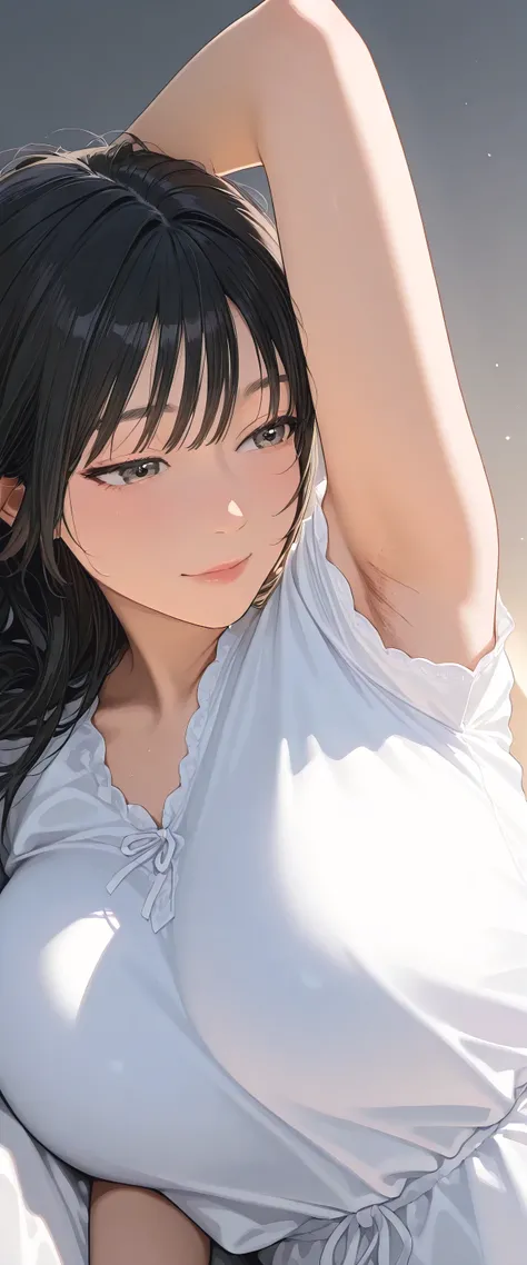 armstb,armpit stubble,Young man with long black hair, wearing a short sleeve blouse,Reclining, cold light, relaxed expression, realistic skin, subtle focus on the armpit, soft texture on the skin, seen from above, close side angle, intimate frame , faded ...