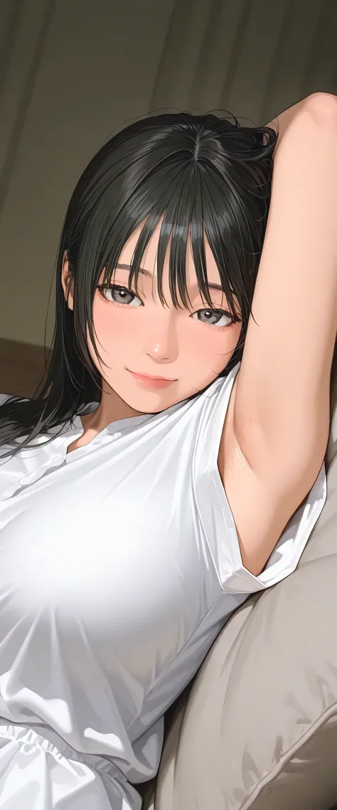 armstb,armpit stubble,Young man with long black hair, wearing a short sleeve blouse,Reclining, cold light, relaxed expression, realistic skin, subtle focus on the armpit, soft texture on the skin, seen from above, close side angle, intimate frame , faded ...