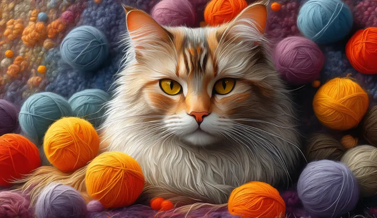 A serene and contented cat is lying on an array of vibrantly colored balls of wool, composing a visually striking scene. O gato, with your eyes closed in a peaceful sleep, has a coat soft white accented with specks of shades of gray and brown, notably aro...