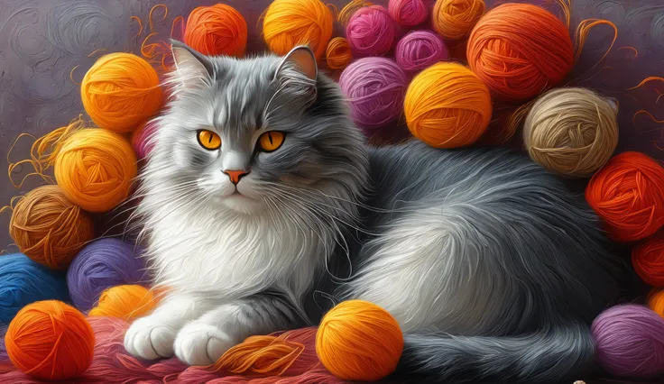 A serene and contented cat is lying on an array of vibrantly colored balls of wool, composing a visually striking scene. O gato, with your eyes closed in a peaceful sleep, has a coat soft white accented with specks of shades of gray and brown, notably aro...