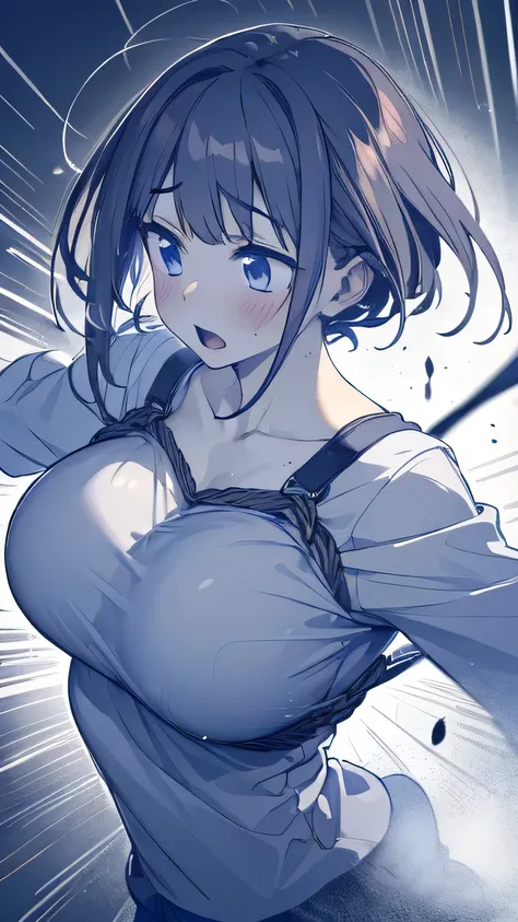 bouncing chest violently, Asymmetrical breasts,(line of movement, motion blur),  1 woman　 ropes　Rub it against the rope　 Big breasts　bouncing chest　Onomatopoeia　 Cheek dye_Big Breasts_chest sweat　Steam　Dynamic Angle　dynamic movement　