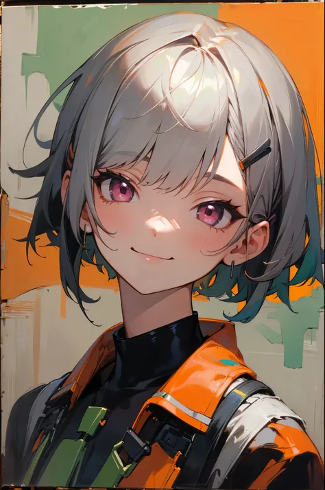 1人のGirl、solo、Single Portrait、Girl、Smiling、impression、(Oil painting)、Green and orange tones、silver short bob hair put together with hair clips、pink eyes