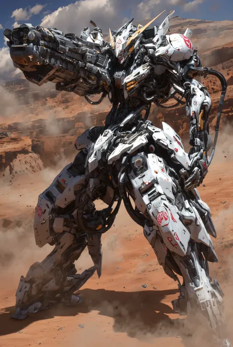hyperrealism, Photo shoot, with arms extended, Mech01 in a strong position and, mecha, science_Factor _Insert Core . Gundam_Barbatos, B4RBAT0S, Action scene shot with, Red Sand, Red Canyon . Mobile Suit Barbatos is collecting energy for a final attack, Man...