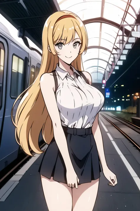 Can you draw a blonde，nice smile，Pleated Mini Skirts，Can you draw a woman staring at a train，Please draw a picture of a woman waiting in front of a car，東京の地下鉄ホームでwaiting for the train女性は描けますか， ,congestion,waiting for the train，Fun，Underground railway stati...