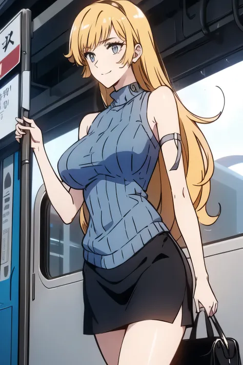 Can you draw blondes，nice smile，Pleated Mini Skirts，Can you draw a woman staring at a train，Please draw a picture of a woman waiting in front of a car，東京の地下鉄ホームでwaiting for the train女性は描けますか， ,congestion,waiting for the train，Fun，Underground railway statio...