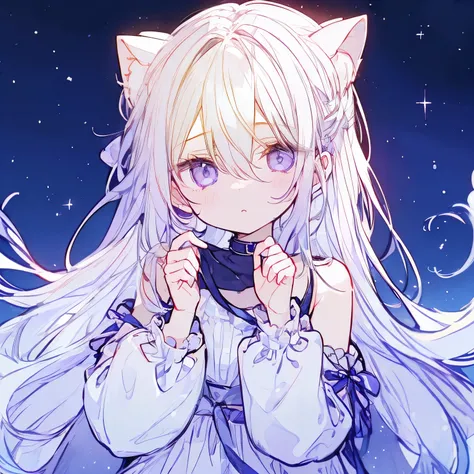 1 girl repairing her left hand、 long white hair、Long bangs、hair between eyes、white clothes、silver eyes、Saggy Eyes、night sky background