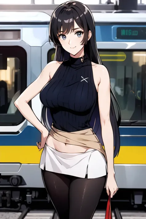 Can you draw a blonde，nice smile，Pleated Mini Skirts，Can you draw a woman staring at a train，Please draw a picture of a woman waiting in front of a car，東京の地下鉄ホームでwaiting for the train女性は描けますか， ,congestion,waiting for the train，Fun，Underground railway stati...