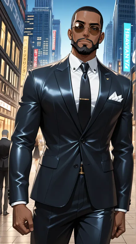 masterpiece, highest quality, ultra detailed, highly detailed anime style, handsome man, black man, african american man, dark skin, black hair, buzz cut hair, faded sides, large beard, athletic body, round shades, fancy suit, dress suit, city background