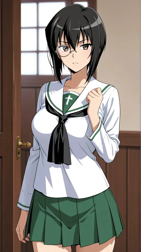 kawashima momo,monocle,ooarai school uniform,black tie,cowboy shot, 